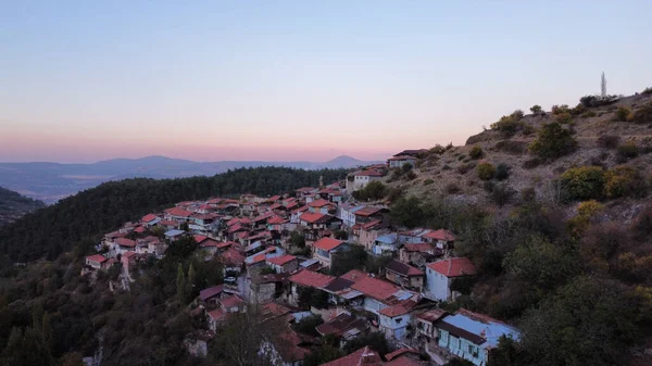 Aerial View Beautiful Small Buildings Mountains Colorful Sunset Sky — Photo