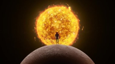 Footage of a brave astronaut in space suit confidently walking on the moon towards the sun