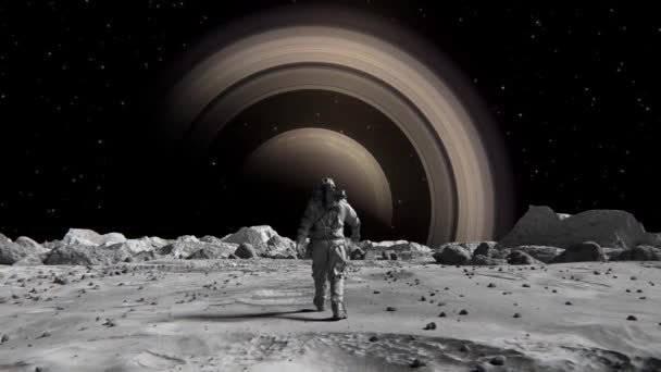 Footage Brave Astronaut Suit Confidently Walking Moon Planet Saturn — Stock videók