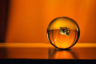 A crystal ball with the reflection of an upside down toy elephant on the table
