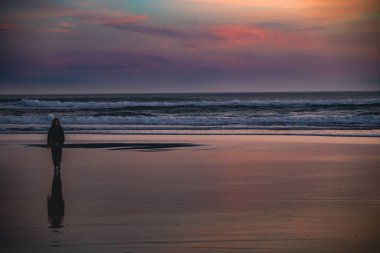 A female walking on the seashore at sunrise