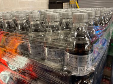 Grovetown, Ga USA - 05 03 22: Retail store drinks wrapped pallets delivery retail store coke