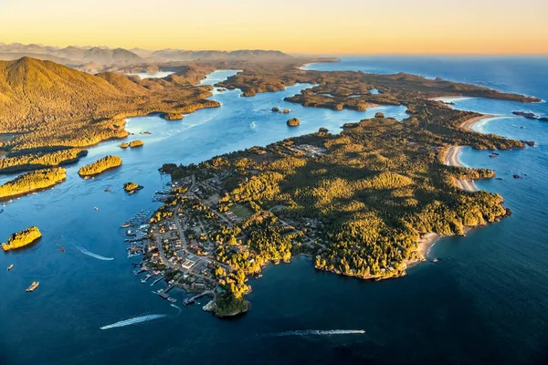 An aerial shot of Tofino and Clayoquot Sound, Vancouver Island, BC Canada