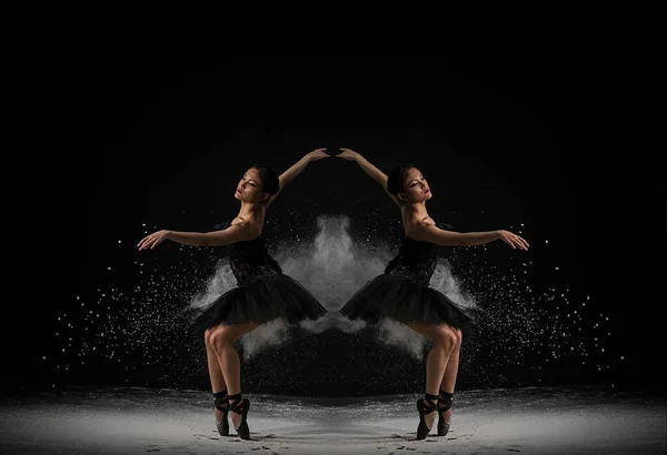 Shot Ballerina Black Clothes Dancing Dark Studio Cloud Dust Mirrored —  Fotos de Stock