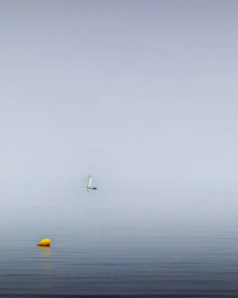 Vertical Shot Sailboat Yellow Buoy Blue Water Surface — Stock Fotó