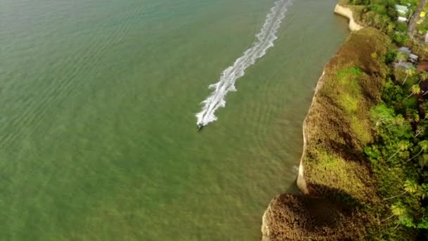 Aerial View Motor Boat Driving High Speed Turquoise Sea Summer — Stockvideo