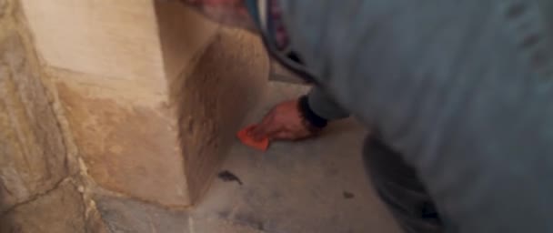 Closeup Elderly Local Male Erasing Dust Floor Hieroglyphs Egypt — Stock video