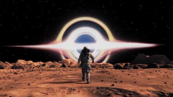 Render Astronaut Walking Surface Mars Black Hole Glowing Front Him — Video Stock