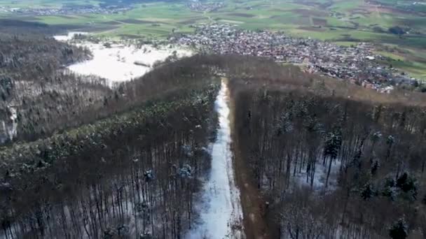 Bird Eye View Leafless Forests Covered Snow Green Landscape Bavaria — 图库视频影像