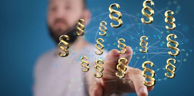 Paragraf işaretlerinin sanal bir yansımasını sunan bir kişi