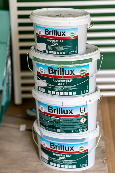 Vertical Closeup Stack Brillux Brand Wall Paint Buckets Room — Foto de Stock