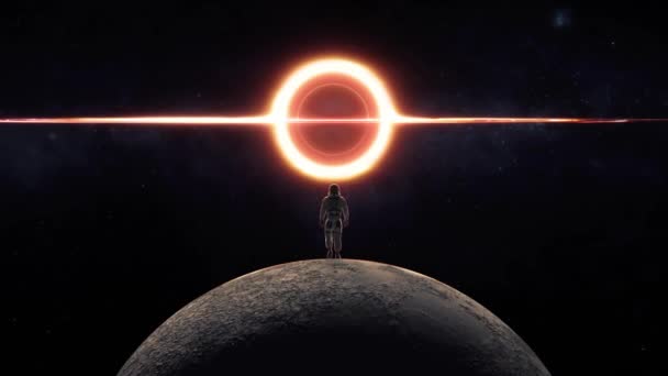 Render Astronaut Walking Surface Moon Glowing Black Hole Front — Stock videók