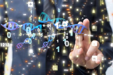 A person presenting the 3D render of DNA concept