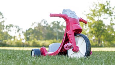 A Red Flyer Tricycle in a grass field