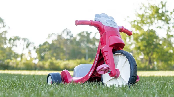 Red Flyer Tricycle Grass Field — Zdjęcie stockowe