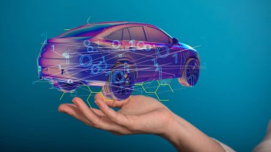 Hand of a woman with digital 3D rendering of a car