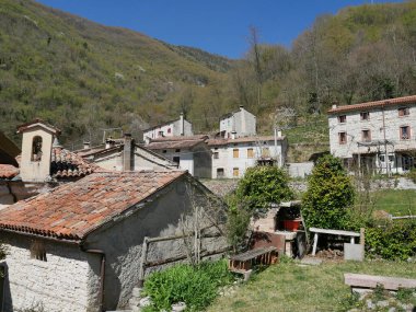 A beautiful shot of an old town houses with trees and mountain covered with green in the background