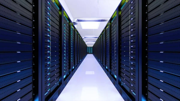 A 3D rendering of multiple computer racks in the server room