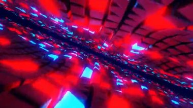An animation of abstract waving colorful small cubes on a dark background