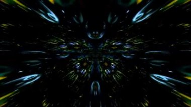 A 3D rendering of a kaleidoscope tunnel with sparkling elements moving forward and backward in the dark abstract space