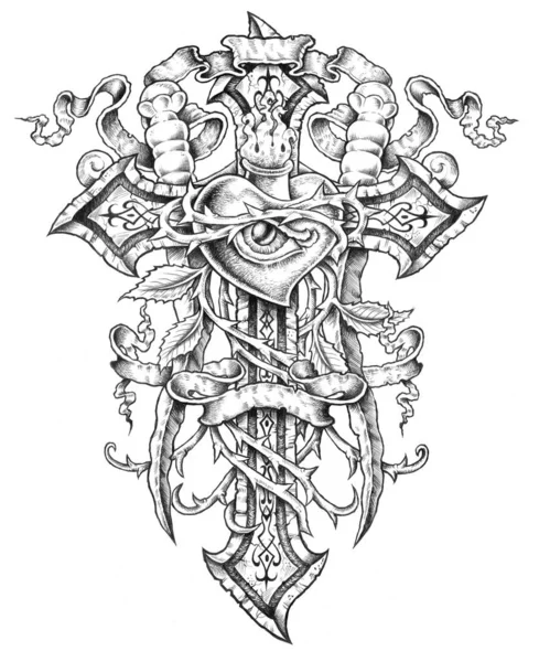 A digital black white tattoo illustration of a cross with a heart with an eye