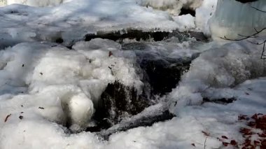 Footage of  running  water under frozen ice  in a rural area in winter in North Macedonia