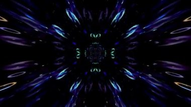 A 3D video of a kaleidoscope tunnel with sparkling elements in the dark space