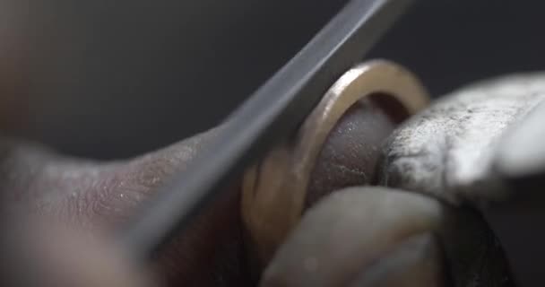 Jakarta Indonesia June 2022 Traditional Goldsmith Forms Ring Hone — Stockvideo