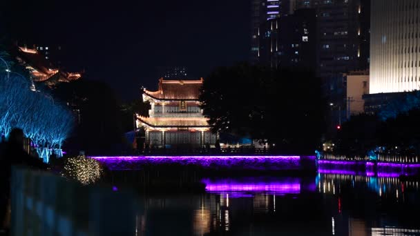 Festival Lights Illuminated Buddhist Temple Canal Nighttime — стоковое видео