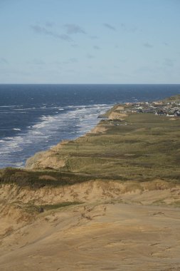 A vertical shot of a coastline in the background of a townscape in the daytime.