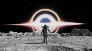A footage of a brave astronaut in a space confidently walking toward a supermassive black hole