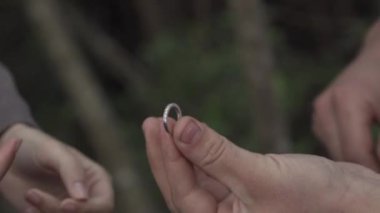 A closeup of a couple getting engaged, a male putting a ring on a female's finger