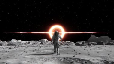A footage of a brave astronaut in a space confidently walking toward a supermassive black hole