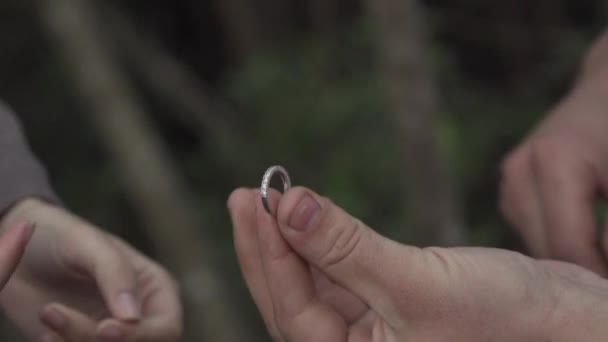 Closeup Couple Getting Engaged Male Putting Ring Female Finger — Stock videók