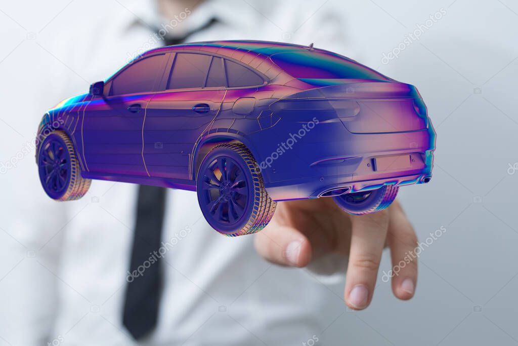 A male touching a purple hologram of a car with white background