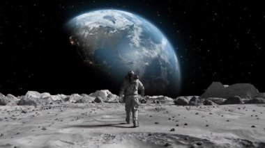 A footage of a brave astronaut in a suit confidently walking on the Moon toward planet Earth