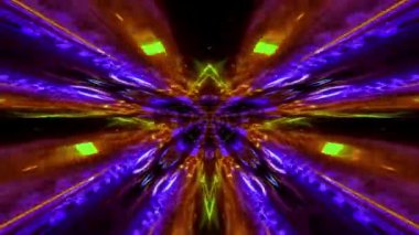 A 3D kaleidoscopic dynamic futuristic animation with colorful glowing neon lights