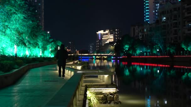 Beautiful View Canal Buildings Illuminated Lights Nighttime Ruian Zhejiang Province — Stock video