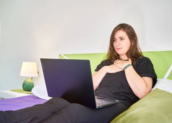 Closeup Woman Looking Laptop Feeling Sad Concept Regret — Stock Photo, Image