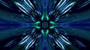 A 3D kaleidoscopic dynamic futuristic animation with blue and green glowing laser neon lights