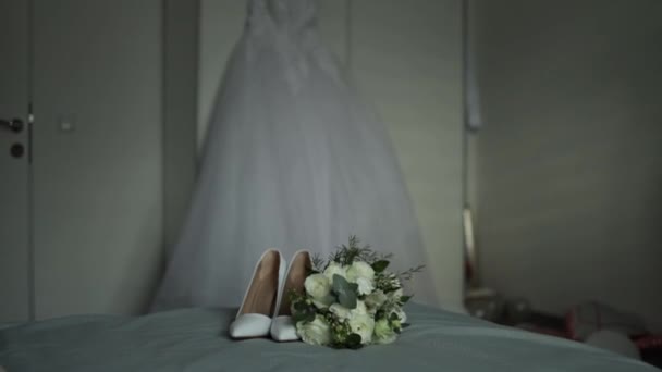 Female Preparing Her Wedding Gown Highlighting Her Shoes Bouquet Her — Stock video