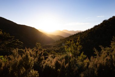 A Beautiful view of green mountains with trees and plants and shiny sun on the top against a blue sky