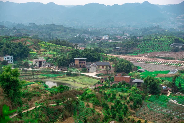 Beautiful View Vast Agricultural Landscape Green Mountains Background — Photo