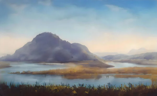 Painting Mountain Lake Front — Stock Photo, Image