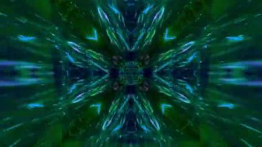 A 3D kaleidoscopic dynamic futuristic animation with blue and green glowing laser neon lights