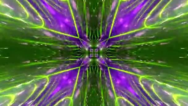 Kaleidoskopická Dynamická Futuristická Animace Fialovými Zelenými Zářícími Laserovými Neonovými Světly — Stock video