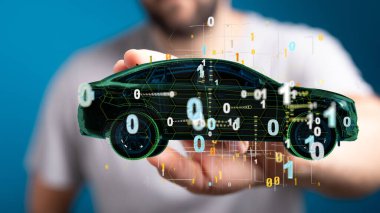 3 boyutlu bir elektro araba konsepti. Arkasından elle dokunuyor.