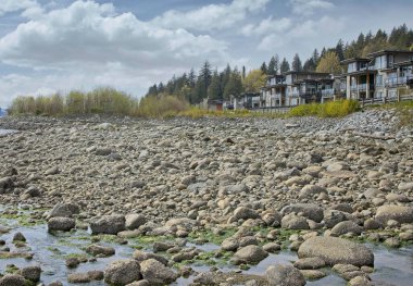 Kayalık sahildeki binalar ağaçlara ve bulutlu gökyüzüne karşı.