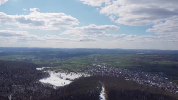 Bird Eye View Leafless Forests Covered Snow Green Landscape Bavaria — Stockvideo