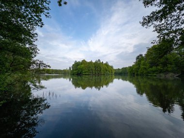 Yeşil ağaçların ve mavi gökyüzünün yansımalarıyla şeffaf gölet suyunun büyüleyici görüntüsü.